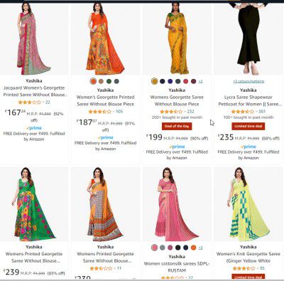 Amazon Loot : 75% - 85% OFF - Yashika Womens Saree | Starts at Rs.235