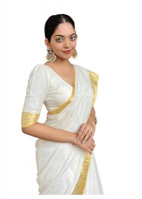 Yashika Women's Trendy Cotton Silk Saree with Blouse Material|| Pongal Special South Indian kerala Saree With Blouse Piece||(AZ-YS-OG-PONGAL ONAM WHITE)
