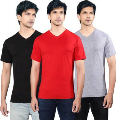 Yazhi  Pack of 3 Solid Men V Neck Red, Black, Grey T-Shirt
