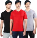 Yazhi  Pack of 3 Solid Men V Neck Red, Black, Grey T-Shirt...