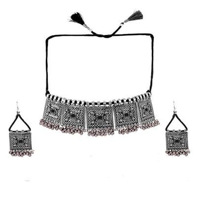 Yellow Chimes German Silver Oxidised Afghani Style Meenakari Touch Ghungroo Threads Choker Necklace Set with Earrings Jewellery Set for Women & Girls
