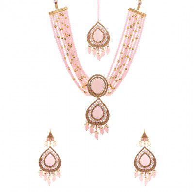 Yellow Chimes Jewellery Set For Women Multilayered Pink Beads Necklace 