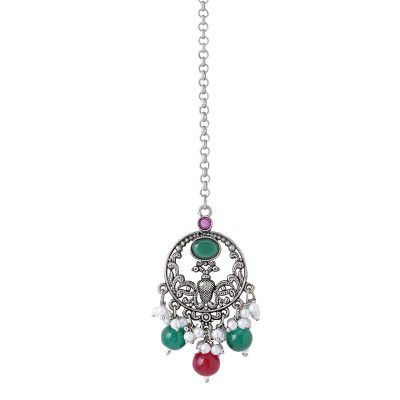 Yellow Chimes Maangtikka for Women Silver Oxidised Floral Designed Beads Drop Designed Maanngtikka for Women and Girls