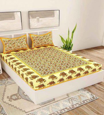 Yellow Traditional 120 TC Cotton Queen Sized Bedsheet with 2 Pillow Cover