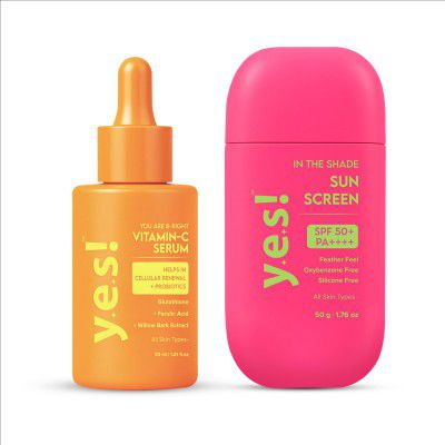 Yes! Skincare In The Shade Sunscreen(50g) with SPF 50 Plus PA++++ & You are B-RIGHT Vitamin C Serum(30g) with Glutathione | Alcohol & Silicone Free Korean Skincare Combo For All Skin Types