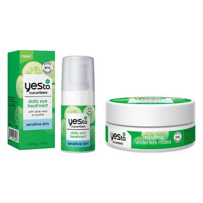 Yes To Cucumber Soothing Depuffing Under Eye Masks + Daily Eye Treatment - For Sensitive Skin + Calm, Soothe and Hydrate Skin + 98% Natural Ingredients, (2 Pack), white [TEST]
