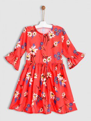 YK Girls Red Floral Print Fit & Flare Dress