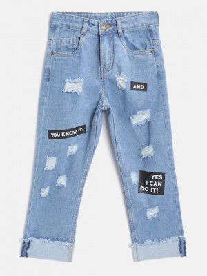 YKGirls Blue Regular Fit Mid-Rise Ripped Typo Print Pure Cotton Non-Stretchable Jeans