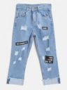 YKGirls Blue Regular Fit Mid-Rise Ripped Typo Print Pure Cotton Non-Stretchable Jeans...
