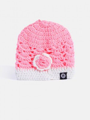 YKKids Pink & White Crochet Floral Applique Beanie