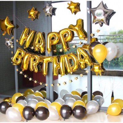 YNS Crafts Stock ®  13 Happy Birthday Letter Foil Balloon Set (Gold) for Birthday Party Decoration with Metallic Gold, Silver Black Balloons & Star Foil - Pack of 46 pcs