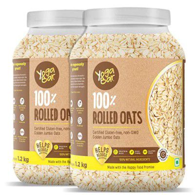 Yogabar 100% Rolled Oats 1.2 kg (Buy 1 Get 1 Free), Premium Golden Rolled Oats, Gluten Free Oats with High Fibre - Pack of 2