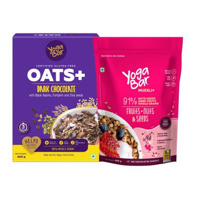 Yogabar Breakfast Oats and Muesli | Fruits and Nuts Muesli | Dark Chocolate Flavour Premium Super Oats Combo Pack - 800 gm