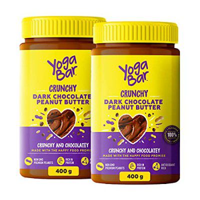 Yogabar Crunchy Peanut Butter | Dark Chocolate Peanut Butter with High Protein & Anti-Oxidants | Creamy, Crunchy & Chocolatey | Non GMO Vegan Peanut Butter - 400gm Each