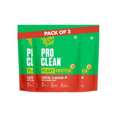 Yogabar Pro Clean Plant Protein | Coffee Flavour with Monk Fruit | 25g Protein per Serving | Clean & Natural Blend | 500g Pack of 3