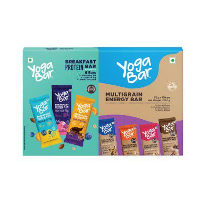Yogabar Protein Bar Combo, 16 Bars | Multigrain Energy Bar x 10 and Breakfast Protein Bar x 6