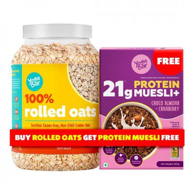 Yogabar Protein Combo (Buy Rolled Oats, Get Muesli FREE) -100% Rolled Oats 1.2 kg and High Protein Muesli - Choco Almond & Cranberry 350g