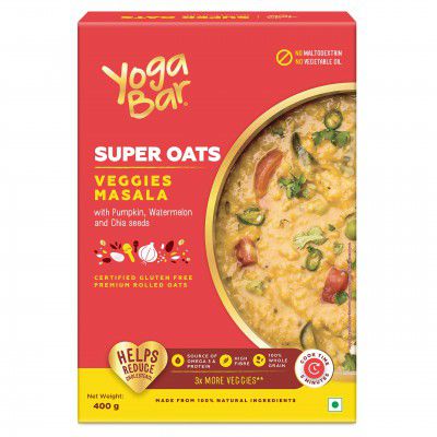 Yogabar Veggie Masala Oats 400g | Masala Oats with 3X More Veggies, Pumpkin, Watermelon and Chia Seeds | Gluten Free, Non GMO Diet Food