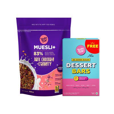 Yogabars Wholegrain Breakfast Muesli - Dark Chocolate and Cranberry with Nuts & Seeds, 400g | Yogabar Dessert Bar with No Added Sugar | Variety Box of 5x40gm - (200gm)
