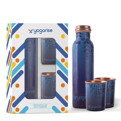 Yogarise Copper Bottle with 2 Glasses/Tumblers for Home & Office Use, Pure Copper, BPA Free & Non-Toxic Flask, Leak-Proof, Lightweight, Easy to Clean, Eco-Friendly (Pack of 3) (Blue)