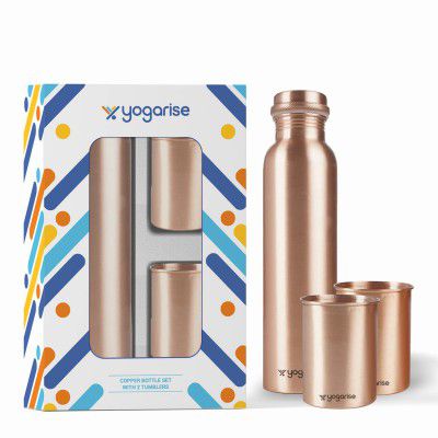 Yogarise Copper Bottle with 2 Glasses/Tumblers for Home & Office Use, Pure Copper, BPA Free & Non-Toxic Flask, Leak-Proof, Lightweight, Easy to Clean, Eco-Friendly (Pack of 3) (Copper)