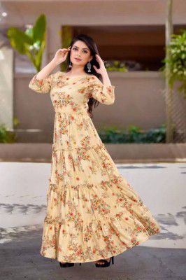 Yogishop  Printed Cotton Blend Stitched Flared/A-line Gown  (Yellow)