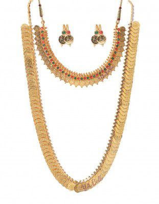 YouBella Jewellery set for women Gold Plated Long Traditional Coin Necklace set and Red Green Choker necklace Jewellery Set with Earrings for Girls and Women