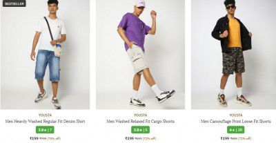 Ajio: Flat 75% OFF | YOUSTA Men's Shorts Starts at Rs 159