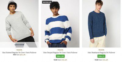 Ajio: Flat 78% OFF | YOUSTA Men's Sweaters Starts at Rs 199