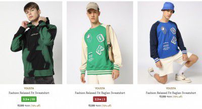 Ajio: Flat 80% OFF | YOUSTA Men's Sweatshirt Starts at Rs 199