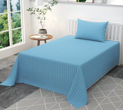 YUKU 210 TC Glace Cotton Satin Stripes Plain Single Bedsheet with One Pillow Cover (60 X 90) Inch (Pack of 1, Sky Blue)