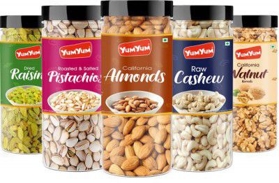YUM YUM Dry fruits combo pack of 5 Healthy Badam, Kaju, Pista, Kishmish & Akhrot 750g - Almonds, Cashews, Pistachios, Raisins, Walnuts  (5 x 150 g)