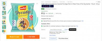 YUM YUM Instant Banana Caramel Porridge/ Rich In Fiber/ Free of Fat 32g Sachet - Pouch  (32 g)