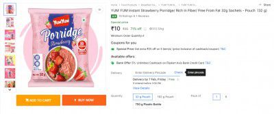 YUM YUM Instant Strawberry Porridge/ Rich In Fiber/ Free From Fat 32g Sachets - Pouch  (32 g)