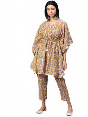 Yuris Women Mustard Pink Printed Kaftan Top with Trousers