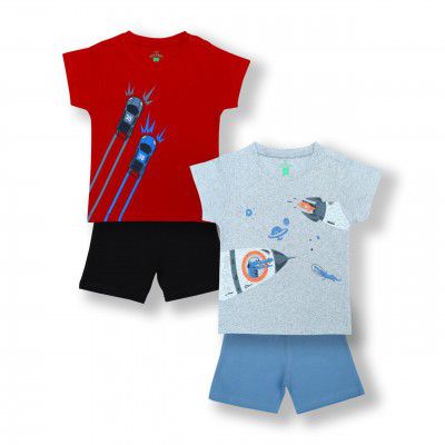 YUV Infant Boys & Girls Multi-Color Pack of 2 100% Soft Cotton Printed Tshirts & Shorts with Shoulder Poppers