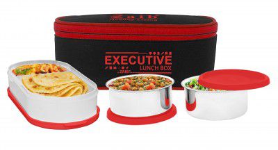 Zaib Executive Insulated Lunch Box for Office Men & Women (2 Stainless Steel Container, 280 ml Each; 1 Microwave Safe Container, 450 ml) (Red Executive)