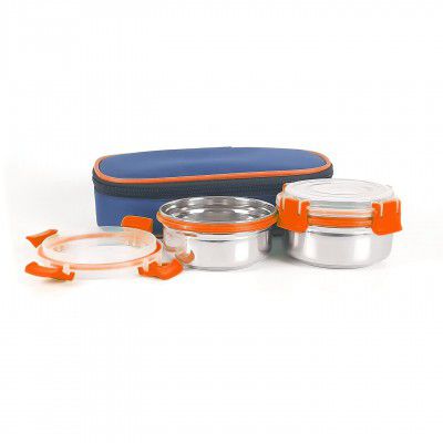 Zaib Executive Stainless Steel Lunch Box Set 2 with Bag | Stainless-Steel Leak-Proof Containers | Full Meal Boxes (Container Size 350mlx2 (Orange Lock & Lock 2 Pcs with Capsule Bag )