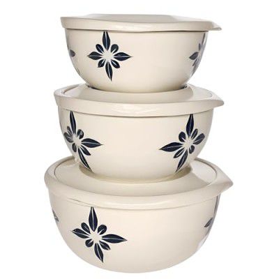 Zaib Microwave Safe Stainless Steel Mixing Bowl Set with Lids | Pack of 3 (Classic Ivory Star)