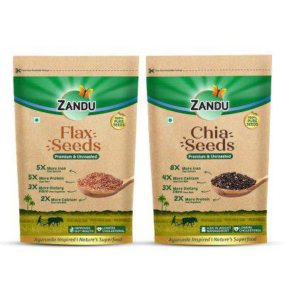 Zandu Chia Seeds and Flax Seeds- 200GM (Pack of 2) I Premium & Raw Seeds I High in Omega-3 Fatty Acids 