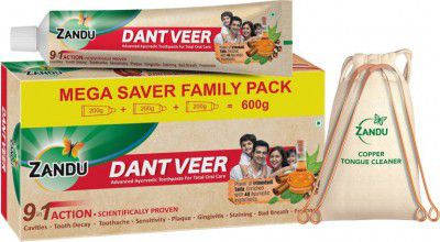 Zandu Oral Care Combo: Dantveer Toothpaste + Copper Tongue Cleaner (Pack of 2) Toothpaste (600 g, Pack of 3)