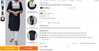 ZARA DRESSES Women Embroidered Cotton Rayon A-line Kurta (Black)