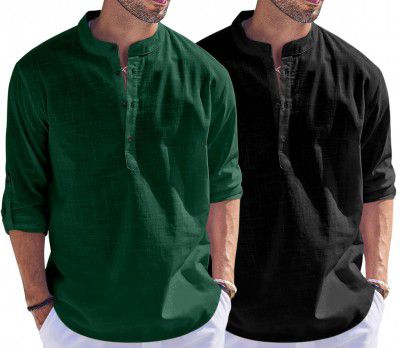 Zartha Men's Solid Cotton Blend Regular Fit Full Sleeve Mandarin Collar Straight Short Kurta Shirt, Combo Pack of 2