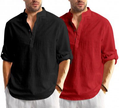 Zartha Men's Solid Cotton Blend Regular Fit Full Sleeve Mandarin Collar Straight Short Kurta Shirt, Combo Pack of 2