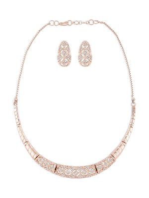 ZAVERI PEARLS Rose Gold Cubic Zirconia Party Bling Necklace & Earring Set For Women-ZPFK15274