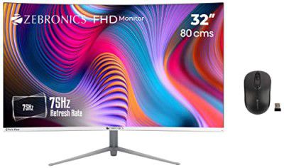 ZEBRONICS AC32FHD LED Curved 75Hz 80cm (32") 1920x1080&nbsp;FHD&nbsp;Resolution Monitor & Zeb-Dash Plus 2.4GHz High Precision Wireless Mouse with up to 1600 DPI, Power Saving Mode, Nano Receiver