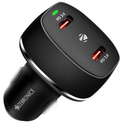 Zebronics Cc60 Car Charger with 60 Watts Rapid Charge, Dual Type C Pd Ports, Black