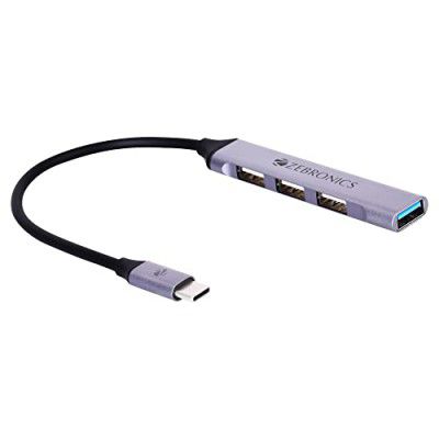 Zebronics TA200U Type C to USB 3.0 4 port hub with Hi speed data transfer, Aluminum + ABS body, 15cm cable, sleek design and Plug Play usage