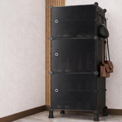 Zemic Multipurpose Modular Plastic Shoe Rack for Home with Door [Black, 4-Legs-6-Shelf]