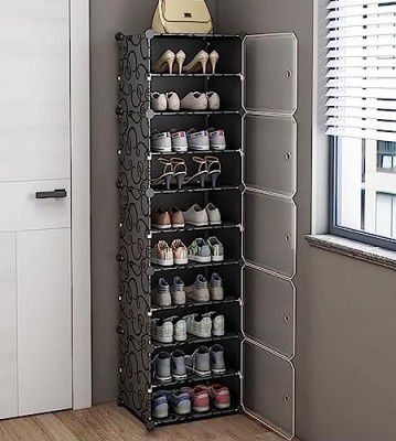 Zemic Portable Shoe Rack for Home Plastic with Door, Adjustable Plastic Shoe Rack (10-SHELF-5-DOOR, Black)
